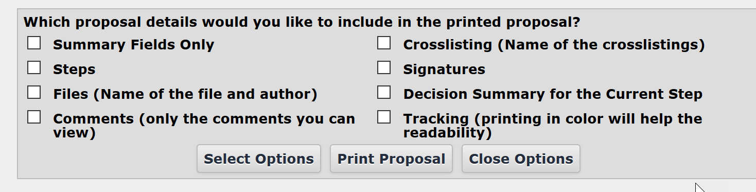 Screenshot of print options in curriculog