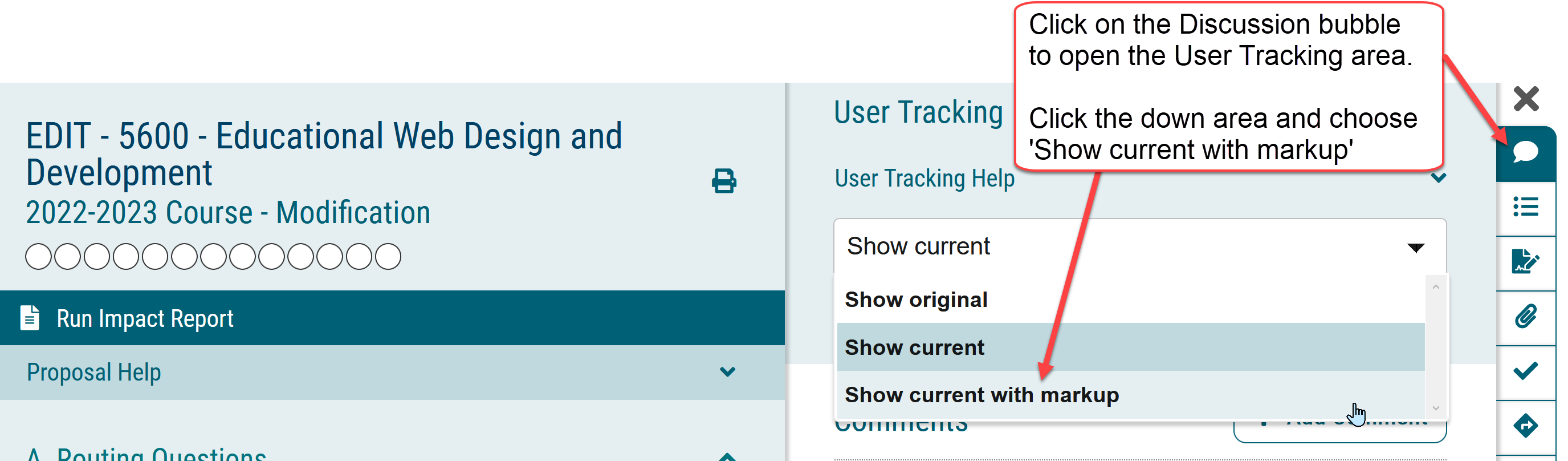 Screenshot of user tracking options in curriculog